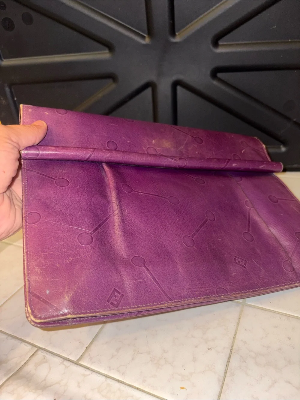 Fendi Purple Fold-Over Leather Clutch with Embossed Dot Motif preloved